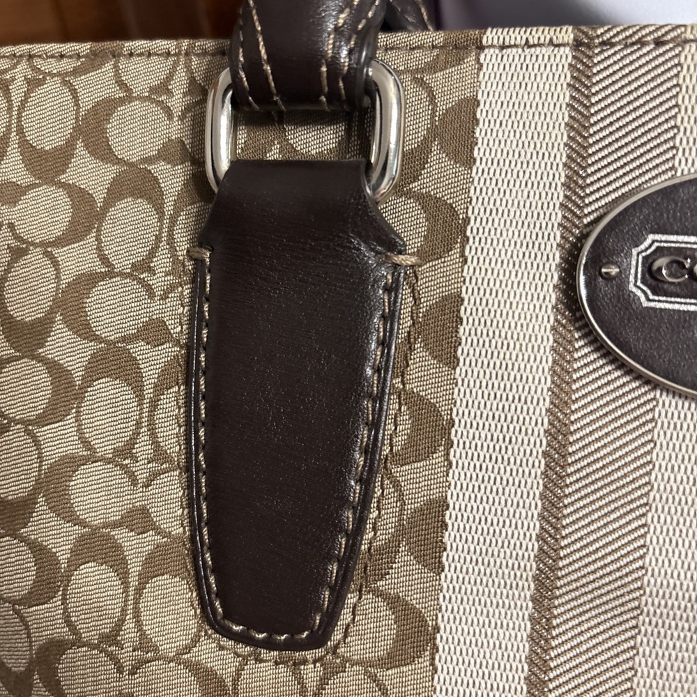 Coach Candace Carry 19915 Signature Stripe Khaki Brown Canvas Leather Bag - Picture 3 of 14